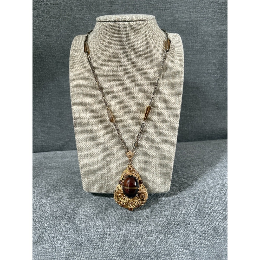Antique‎ West Germany Rhinestone Brown Glass Cabochon Filigree Pendant Necklace